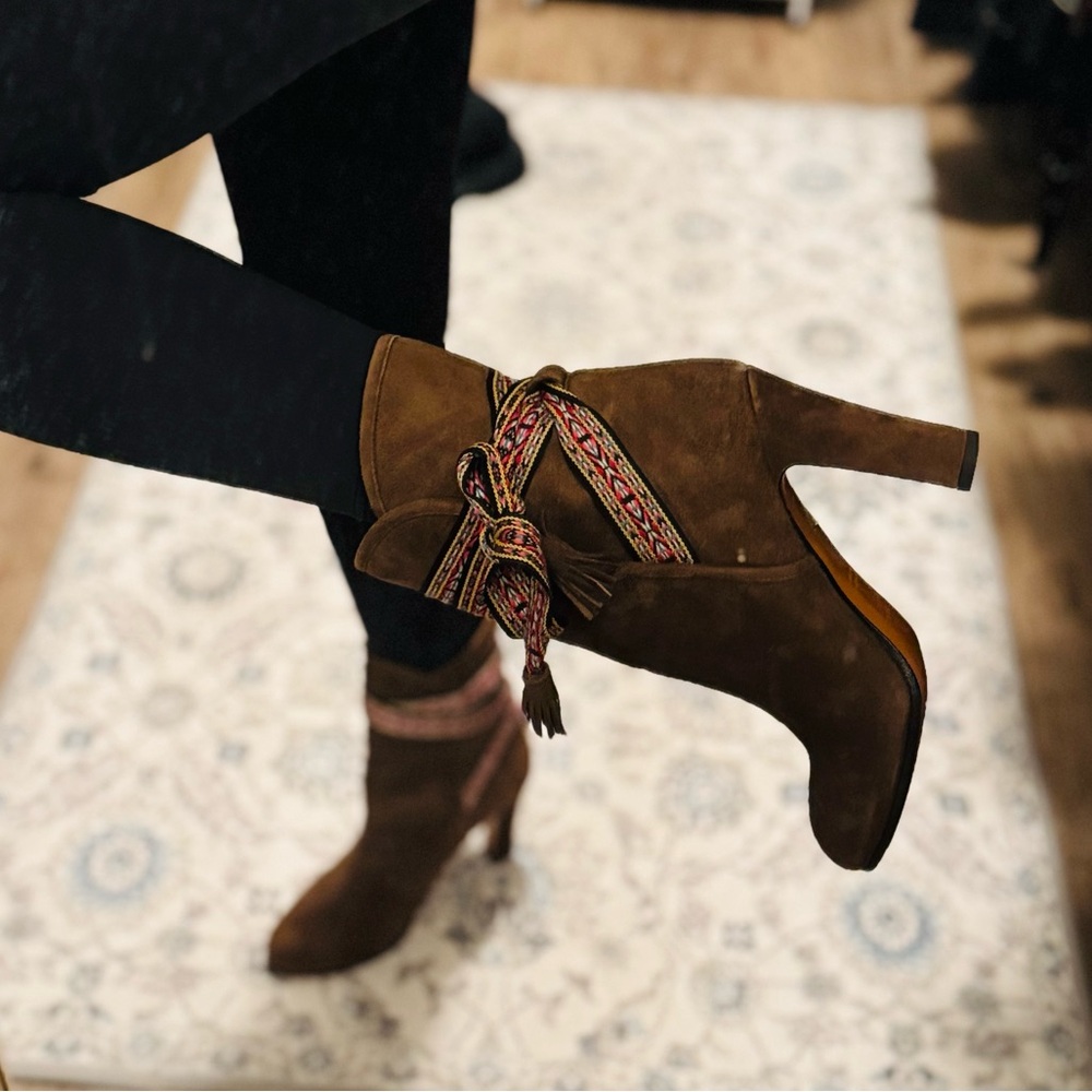 Etro Brown Suede Embroidered Wrap Boots — Size US 10